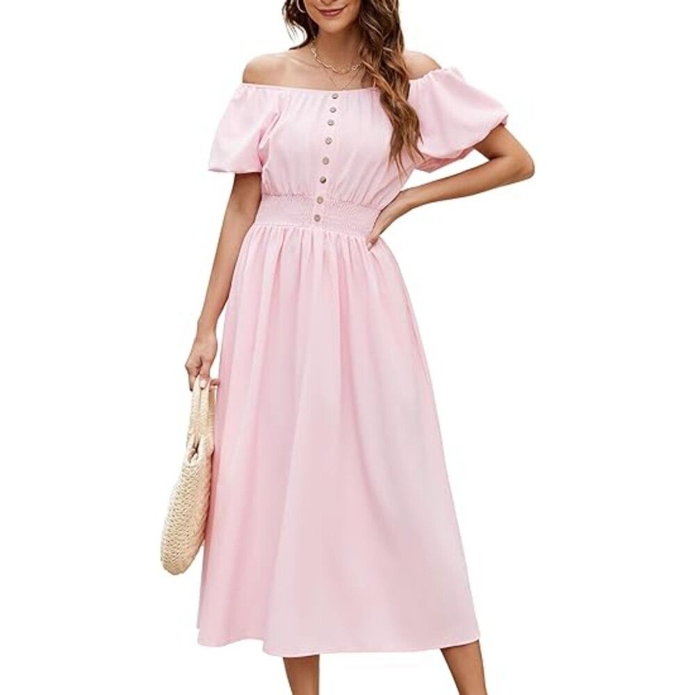 Gardenwed Womens Puff Sleeve Smocked Waist Button Front ALine dress w/Pockets- M